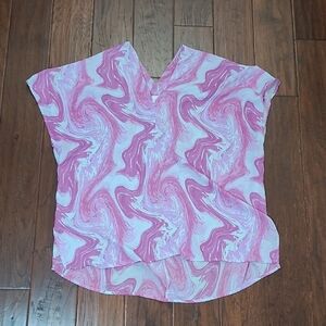 Adrienne Blue & Pink Marbled Double V-Neck Oversized Blouse size Large